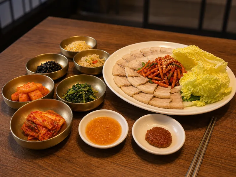 Bossam: sliced boiled pork with spicy radish, napa cabbage leaves and brass bowls of banchan
